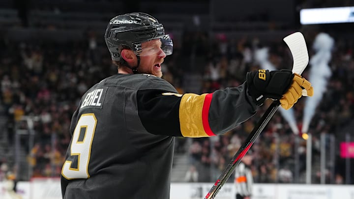 Feb 4, 2026; Las Vegas, Nevada, USA; Vegas Golden Knights center Jack Eichel (9) celebrates after scoring a goal against the Vancouver Canucks during the second period at T-Mobile Arena. Mandatory Credit: Stephen R. Sylvanie-Imagn Images
