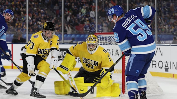Feb 1, 2026; Tampa Bay, Florida, USA; Tampa Bay Lightning center Jake Guentzel (59) shoots the puck as Boston Bruins goaltender Jeremy Swayman (1) and defenseman Charlie McAvoy (73) defend during the second period in the 2026 Stadium Series ice hockey game at Raymond James Stadium. Mandatory Credit: Kim Klement Neitzel-Imagn Images Feb 1, 2026; Tampa Bay, Florida, USA; Tampa Bay Lightning center Jake Guentzel (59) shoots the puck as Boston Bruins goaltender Jeremy Swayman (1) and defenseman Charlie McAvoy (73) defend during the second period in the 2026 Stadium Series ice hockey game at Raymond James Stadium. Mandatory Credit: Kim Klement Neitzel-Imagn Images