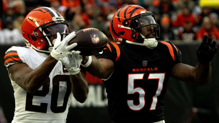 Cincinnati Bengals linebacker Germaine Pratt (57) deflects a pass intended for Cleveland Browns running back Pierre Strong Jr. (20) in the third quarter of the NFL game between Cincinnati Bengals and Cleveland Browns at Paycor Stadium in Cincinnati on Sunday, Jan. 7, 2024.