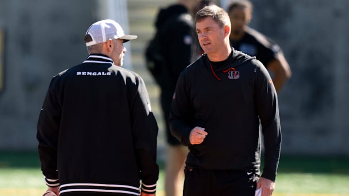 Bengals head coach Zac Taylor speaks to Bengals offensive coordinator Dan Pitcher during the Bengals Rookie Mini Camp on Friday, May 9, 2025 at Paycor Stadium in Cincinnati. Bengals head coach Zac Taylor speaks to Bengals offensive coordinator Dan Pitcher during the Bengals Rookie Mini Camp on Friday, May 9, 2025 at Paycor Stadium in Cincinnati.