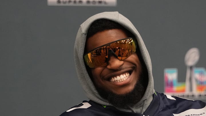 Feb 5, 2026; San Jose, CA, USA; Seattle Seahawks cornerback Devon Witherspoon (21) talks to media members at the San Jose Marriott.