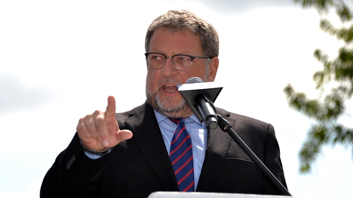 Charley Steiner speaks during ceremony at Dodger Stadium to rename Elysian Park Avenue to Vin Scully Avenue in honor of Scully, who is retiring after 67 years as Los Angeles Dodgers broadcaster after the 2016 season in 2016.