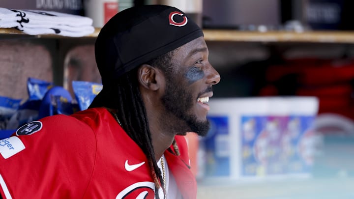 Jun 15, 2025; Detroit, Michigan, USA; Cincinnati Reds designated hitter Elly De La Cruz (44) sits in dugout in the first inning against the Detroit Tigers at Comerica Park. Mandatory Credit: Rick Osentoski-Imagn Images Jun 15, 2025; Detroit, Michigan, USA; Cincinnati Reds designated hitter Elly De La Cruz (44) sits in dugout in the first inning against the Detroit Tigers at Comerica Park. Mandatory Credit: Rick Osentoski-Imagn Images