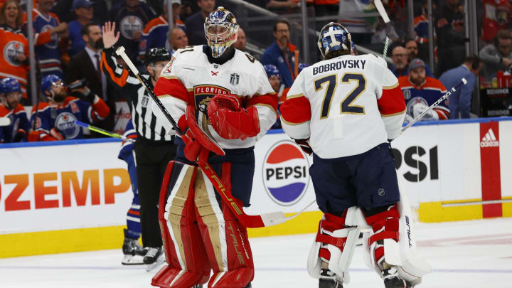Jun 15, 2024; Edmonton, Alberta, CAN; Florida Panthers goaltender Anthony Stolarz (41) relieves Sergei Bobrovsky (72) in the second period against the Edmonton Oilers in game four of the 2024 Stanley Cup Final at Rogers Place. Mandatory Credit: Perry Nelson-USA TODAY Sports