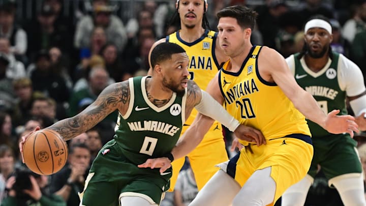 Apr 21, 2024; Milwaukee, Wisconsin, USA; Milwaukee Bucks guard Damian Lillard (0) drives for the
