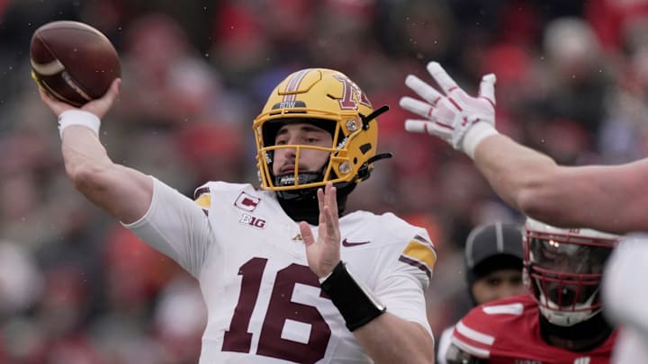 Minnesota quarterback Max Brosmer (16) throws a pass during the second quarter of their game at Camp Randall Stadium Friday, November 29, 2024 in Madison, Wisconsin. Minnesota beat Wisconsin 24-7. Minnesota quarterback Max Brosmer (16) throws a pass during the second quarter of their game at Camp Randall Stadium Friday, November 29, 2024 in Madison, Wisconsin. Minnesota beat Wisconsin 24-7.