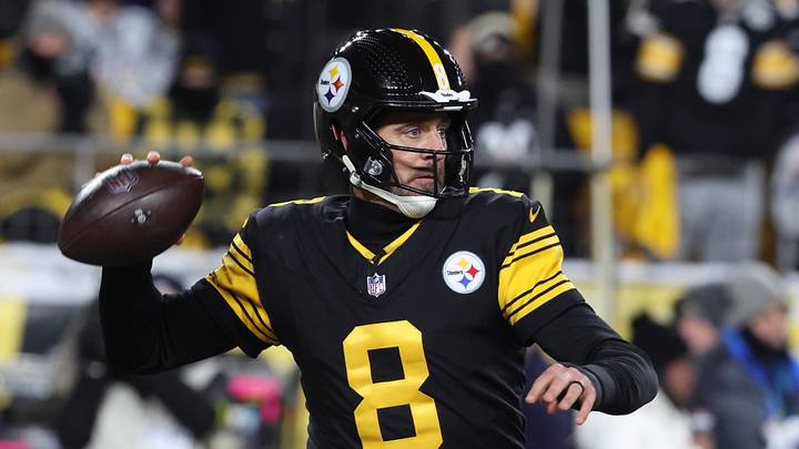 Dec 15, 2025; Pittsburgh, Pennsylvania, USA; Pittsburgh Steelers quarterback Aaron Rodgers (8) looks to throw in the second quarter against the Miami Dolphins at Acrisure Stadium. Mandatory Credit: Charles LeClaire-Imagn Images