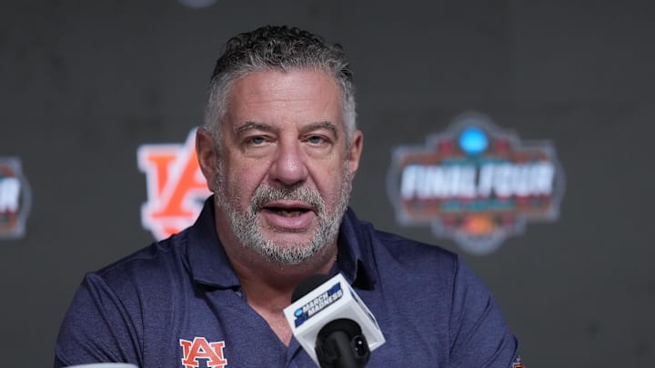 Apr 3, 2025; San Antonio, TX, USA; Auburn head coach Bruce Pearl talks to the media at the Alamodome. Mandatory Credit: Robert Deutsch-Imagn Images