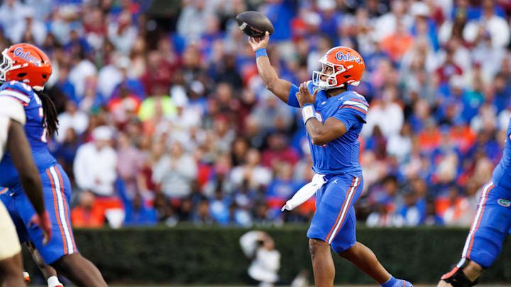 Nov 29, 2025; Gainesville, Florida, USA; Florida Gators quarterback DJ Lagway (2) throws the ball against the Florida State Seminoles during the first half at Ben Hill Griffin Stadium. Mandatory Credit: Matt Pendleton-Imagn Images