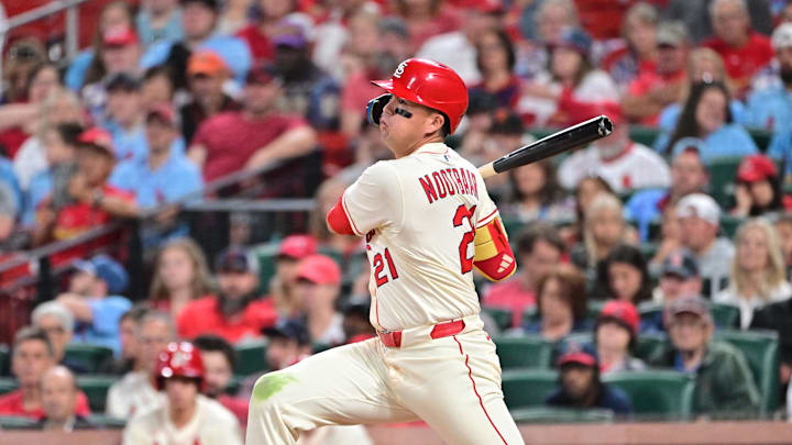 Sep 6, 2025; St. Louis, Missouri, USA; St. Louis Cardinals outfielder Lars Nootbaar (21) at bat against the San Francisco Giants at Busch Stadium. Mandatory Credit: Tim Vizer-Imagn Images