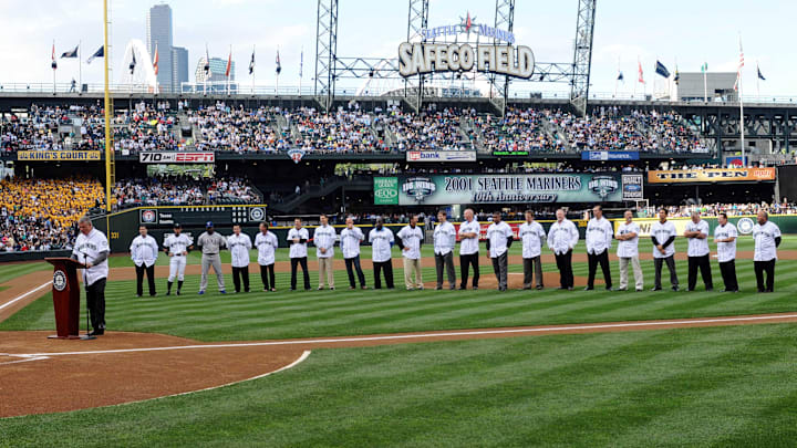 Seattle Mariners former manger Lou Piniella speaks to the crowd in celebration of the 2001 Seattle Mariners team before a game with Texas Rangers at Safeco Field. The 2001 won team won 116 games.  