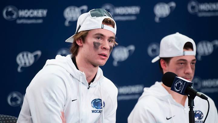 Penn State's Gavin McKenna, left, answers a question during a post-game press conference following a Big Ten hockey game against Michigan State at Beaver Stadium on January 31, 2026, in State College. Penn State's Gavin McKenna, left, answers a question during a post-game press conference following a Big Ten hockey game against Michigan State at Beaver Stadium on January 31, 2026, in State College.