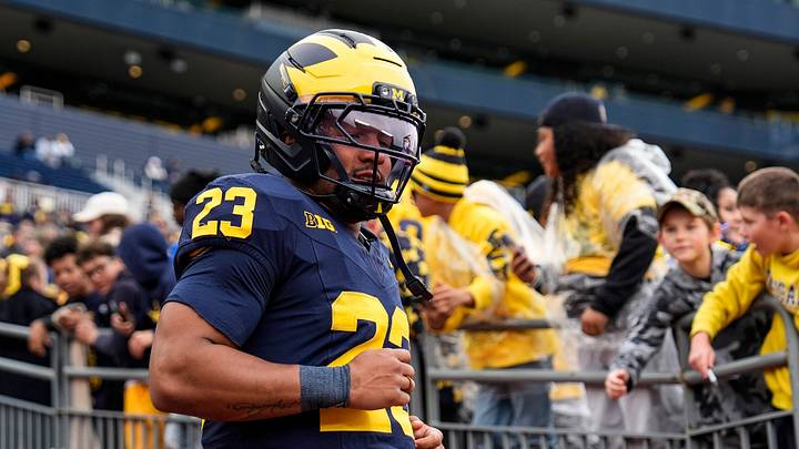 Michigan running back Jordan Marshall (23) takes the field for the spring game at Michigan Stadium in Ann Arbor on Saturday, April 18, 2026.