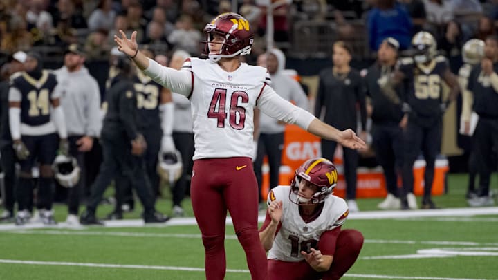 Dec 15, 2024; New Orleans, Louisiana, USA; Washington Commanders place kicker Greg Joseph (46) misses a field goal during the second half at Caesars Superdome. Mandatory Credit: Matthew Hinton-Imagn Images Dec 15, 2024; New Orleans, Louisiana, USA; Washington Commanders place kicker Greg Joseph (46) misses a field goal during the second half at Caesars Superdome. Mandatory Credit: Matthew Hinton-Imagn Images