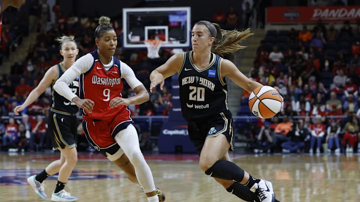 May 19, 2023; Washington, District of Columbia, USA; New York Liberty guard Sabrina Ionescu (20) drives to the basket as Washington Mystics guard Natasha Cloud (9) defends at Entertainment & Sports Arena. Mandatory Credit: Geoff Burke-Imagn Images May 19, 2023; Washington, District of Columbia, USA; New York Liberty guard Sabrina Ionescu (20) drives to the basket as Washington Mystics guard Natasha Cloud (9) defends at Entertainment & Sports Arena. Mandatory Credit: Geoff Burke-Imagn Images