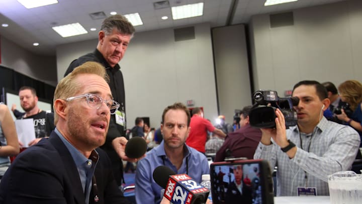 Joe Buck is interviewed during the Fox Sports press conference at the George R. Brown Convention Center prior to Super Bowl LI in 2017.