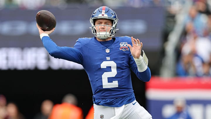 Dec 29, 2024; East Rutherford, New Jersey, USA; New York Giants quarterback Drew Lock (2) throws a pass during the first half against the Indianapolis Colts at MetLife Stadium. 