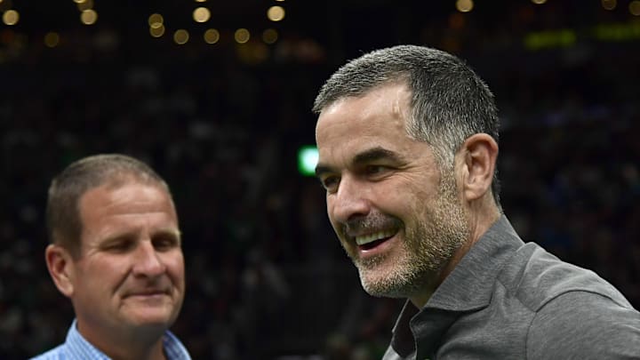 Apr 2, 2025; Boston, Massachusetts, USA; Boston Celtics owner-in-waiting Bill Chisholm is seen during a timeout in a game against the Miami Heat at TD Garden. Mandatory Credit: Bob DeChiara-Imagn Images
