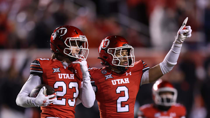 Oct 11, 2025; Salt Lake City, Utah, USA; Utah Utes safety Jackson Bennee (23) and cornerback Smith Snowden (2) react to a play against the Arizona State Sun Devils during the third quarter at Rice-Eccles Stadium. Mandatory Credit: Rob Gray-Imagn Images