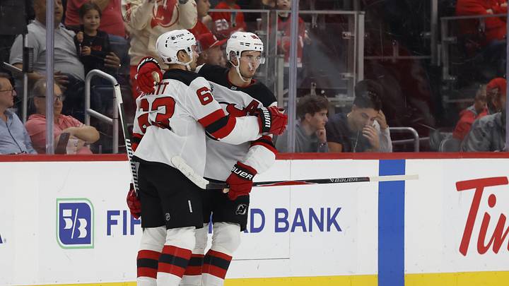 Oct 13, 2026; Detroit, Michigan, USA; New Jersey Devils left wing Jesper Bratt (63) and center Jack Hughes (86) celebrates a goal in the second period against the Detroit Red Wings at Little Caesars Arena. Mandatory Credit: Rick Osentoski-Imagn Images Oct 13, 2026; Detroit, Michigan, USA; New Jersey Devils left wing Jesper Bratt (63) and center Jack Hughes (86) celebrates a goal in the second period against the Detroit Red Wings at Little Caesars Arena. Mandatory Credit: Rick Osentoski-Imagn Images