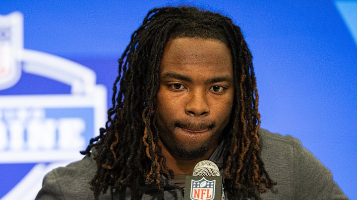 Feb 29, 2024; Indianapolis, IN, USA; Wake Forest defensive back Caelen Carson (DB04) talks to the