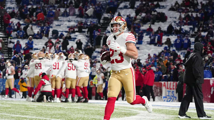 Dec 1, 2024; Orchard Park, New York, USA; San Francisco 49ers running back Christian McCaffrey (23) warms up prior to the game against the Buffalo Bills at Highmark Stadium. Mandatory Credit: Gregory Fisher-Imagn Images