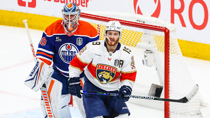 Jun 14, 2025; Edmonton, Alberta, CAN; Florida Panthers left wing Matthew Tkachuk (19) screens in front of Edmonton Oilers goaltender Calvin Pickard (30) during the first period in game five of the 2025 Stanley Cup Final at Rogers Place. 