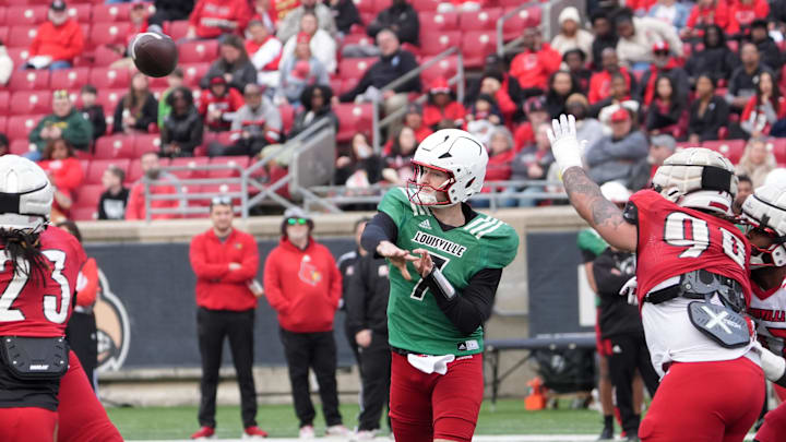 Louisville Miller Moss (7) throw for a completion against Red Louisville in the Spring Game Friday night at L & N Stadium.
April 11, 2025 Louisville Miller Moss (7) throw for a completion against Red Louisville in the Spring Game Friday night at L & N Stadium.
April 11, 2025