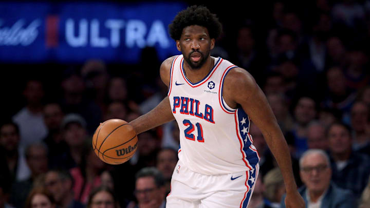 Apr 30, 2024; New York, New York, USA; Philadelphia 76ers center Joel Embiid (21) handles the ball against the New York Knicks during the first quarter of game 5 of the first round of the 2024 NBA playoffs at Madison Square Garden. Mandatory Credit: Brad Penner-Imagn Images