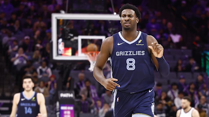 Nov 30, 2025; Sacramento, California, USA; Memphis Grizzlies forward/center Jaren Jackson Jr. (8) reacts after a play against the Sacramento Kings during the third quarter at Golden 1 Center. Mandatory Credit: Kelley L Cox-Imagn Images