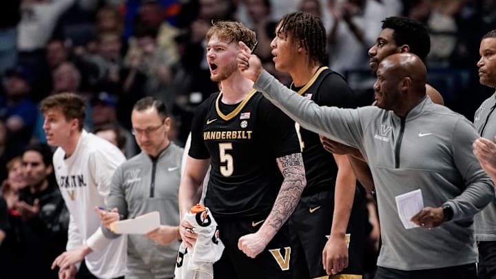 Vanderbilt forward Tyler Nickel (5) celebrates a foul called against Florida during the first half of a SEC tournament semifinal game at Bridgestone Arena in Nashville, Tenn., Saturday, March 14, 2026.