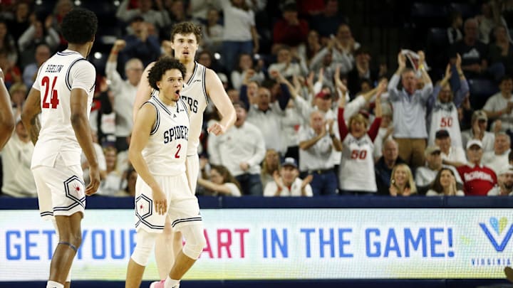 Jan 27, 2024; Richmond, Virginia, USA; Richmond Spiders guard Jordan King (2) celebrates on the