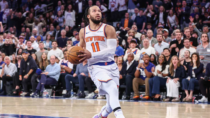 Apr 19, 2025; New York, New York, USA; New York Knicks guard Jalen Brunson (11) drives to the basket against the Detroit Pistons in Game One of the First Round of the NBA Playoffs at Madison Square Garden. Mandatory Credit: Wendell Cruz-Imagn Images
