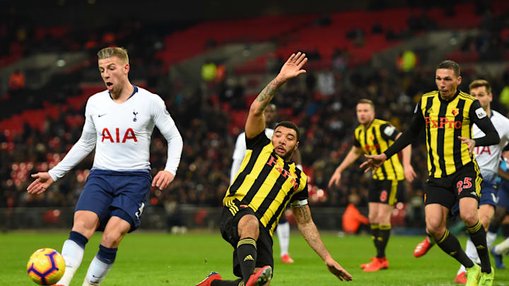 Troy Deeney in Premier League action against Spurs