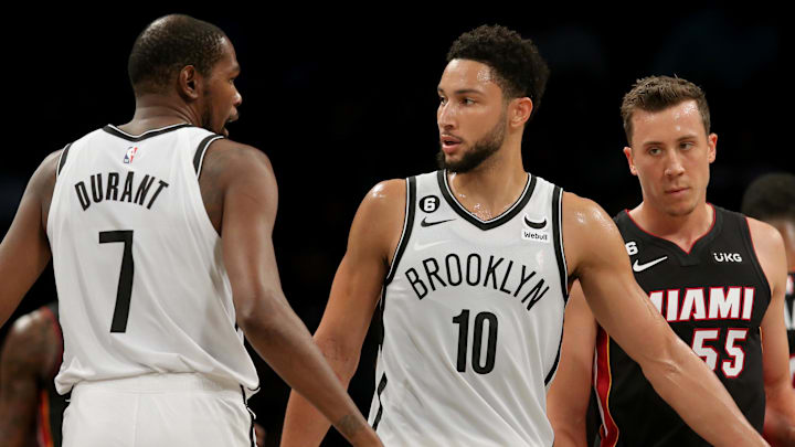 Brooklyn Nets forward Kevin Durant (7) talks to guard Ben Simmons (10) at Barclays Center. 
