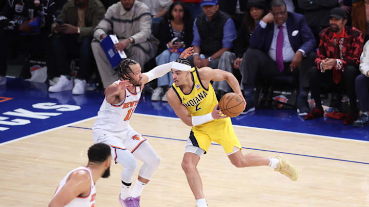 May 21, 2025; New York, New York, USA; Indiana Pacers guard Andrew Nembhard (2) controls the ball against New York Knicks guard Jalen Brunson (11) in the second half during game one of the eastern conference finals for the 2025 NBA Playoffs at Madison Square Garden. Mandatory Credit: Wendell Cruz-Imagn Images