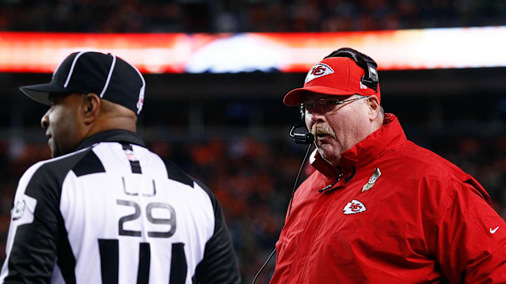 Nov 17, 2013; Denver, CO, USA; Kansas City Chiefs head coach Andy Reid reacts to a call by line judge Adrian Hill (29) in the third quarter against the Denver Broncos at Sports Authority Field at Mile High. The Broncos won 27-17. Mandatory Credit: Isaiah J. Downing-Imagn Images Nov 17, 2013; Denver, CO, USA; Kansas City Chiefs head coach Andy Reid reacts to a call by line judge Adrian Hill (29) in the third quarter against the Denver Broncos at Sports Authority Field at Mile High. The Broncos won 27-17. Mandatory Credit: Isaiah J. Downing-Imagn Images