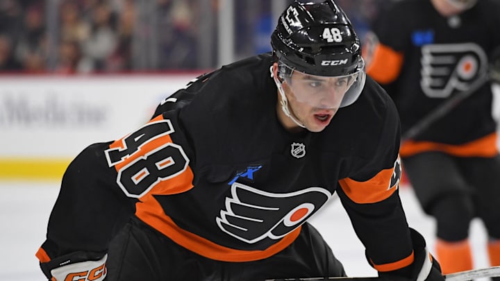 Jan 13, 2025; Philadelphia, Pennsylvania, USA; Philadelphia Flyers center Morgan Frost (48) against the Florida Panthers at Wells Fargo Center. Mandatory Credit: Eric Hartline-Imagn Images