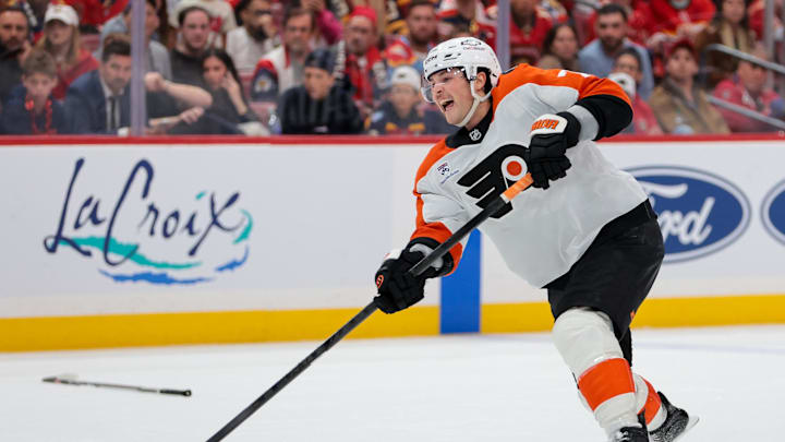 Nov 26, 2025; Sunrise, Florida, USA; Philadelphia Flyers right wing Tyson Foerster (71) scores against the Florida Panthers during the third period at Amerant Bank Arena. Mandatory Credit: Sam Navarro-Imagn Images Nov 26, 2025; Sunrise, Florida, USA; Philadelphia Flyers right wing Tyson Foerster (71) scores against the Florida Panthers during the third period at Amerant Bank Arena. Mandatory Credit: Sam Navarro-Imagn Images