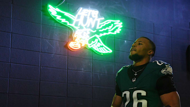Jan 26, 2025; Philadelphia, PA, USA; Philadelphia Eagles running back Saquon Barkley (26) walks in the tunnel before the NFC Championship game at Lincoln Financial Field.  