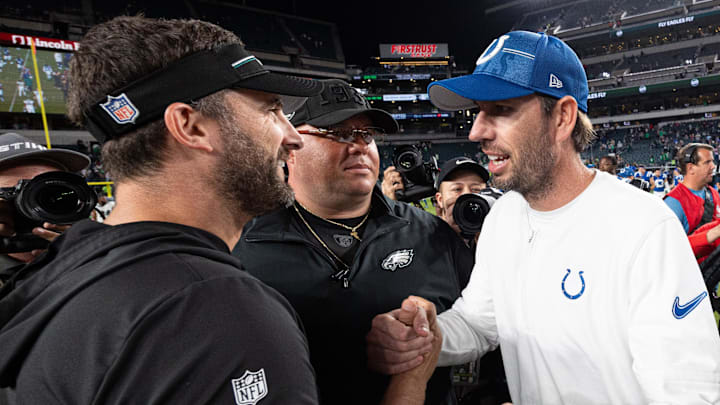 Aug 24, 2023; Philadelphia, Pennsylvania, USA; Philadelphia Eagles head coach Nick Sirianni (L) shakes hands with Indianapolis Colts head coach Shane Steichen (R) after a game at Lincoln Financial Field. 