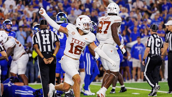 Oct 18, 2025; Lexington, Kentucky, USA; Texas Longhorns defensive back Michael Taaffe (16) celebrates after the Kentucky Wildcats fail to score during overtime at Kroger Field. Mandatory Credit: Jordan Prather-Imagn Images