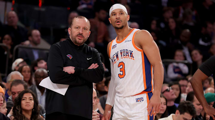 Jan 12, 2025; New York, New York, USA; New York Knicks head coach Tom Thibodeau talks to guard Josh Hart (3) during the second quarter against the Milwaukee Bucks at Madison Square Garden.