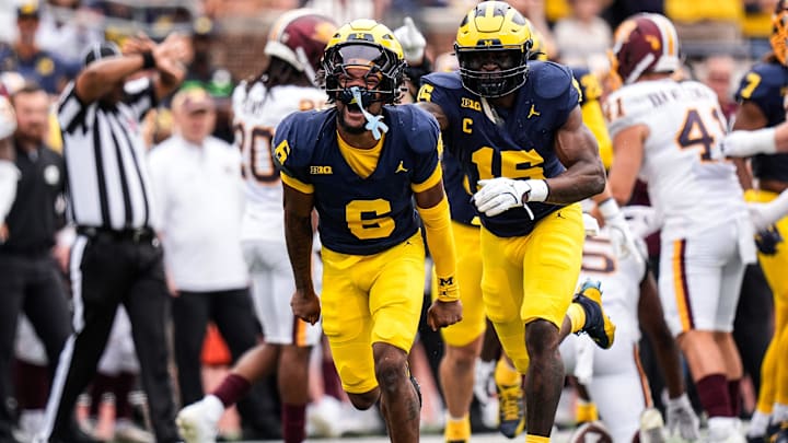 Michigan defensive back Brandyn Hillman (6) celebrates a play against Central Michigan during the first half at Michigan Stadium in Ann Arbor on Saturday, Sept. 13, 2025.
