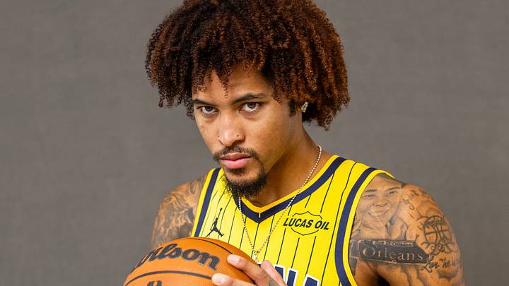 Sep 28, 2026; Indianapolis, IN, USA;  Indiana Pacers guard/forward Kelly Oubre Jr. (10) poses for a photo during media day.  Mandatory Credit: Trevor Ruszkowski-Imagn Images