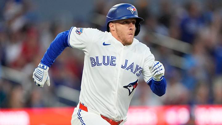 Blue Jays center fielder Myles Straw (3) runs to first base on a two-run double against the Texas Rangers Blue Jays center fielder Myles Straw (3) runs to first base on a two-run double against the Texas Rangers