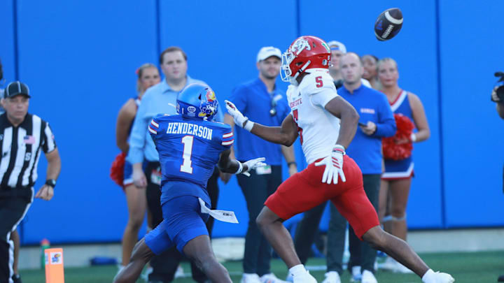 Kansas Jayhawks wide receiver Emmanuel Henderson Jr. (1) reaches for the ball during the game between Fresno State and Kansas at David Booth Kansas Memorial Stadium on Aug. 23, 2025.
