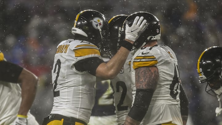 Jan 6, 2024; Baltimore, Maryland, USA;  Pittsburgh Steelers quarterback Mason Rudolph (2) celebrates against the Ravens. 