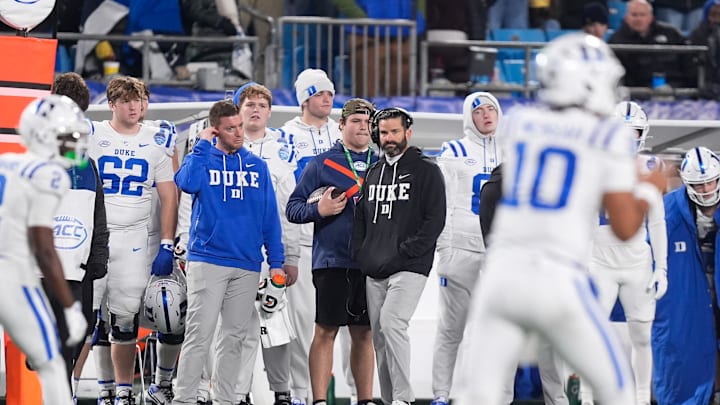 Dec 6, 2025; Charlotte, NC, USA; Duke Blue Devils head coach Manny Diaz looks on during the second half against the Virginia Cavaliers during the 2025 ACC Championship game at Bank of America Stadium. Mandatory Credit: Jim Dedmon-Imagn Images
