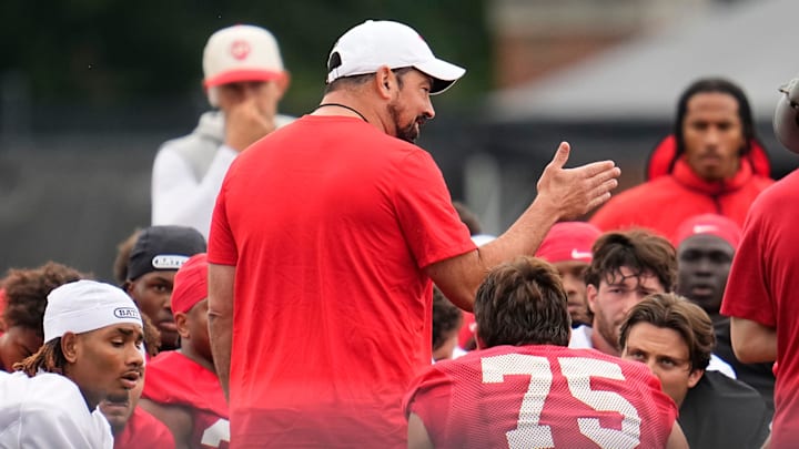 Ohio State Buckeyes head coach Ryan Day addresses his team during the first football practice of the season at the Woody Hayes Athletic Center on July 31, 2025.